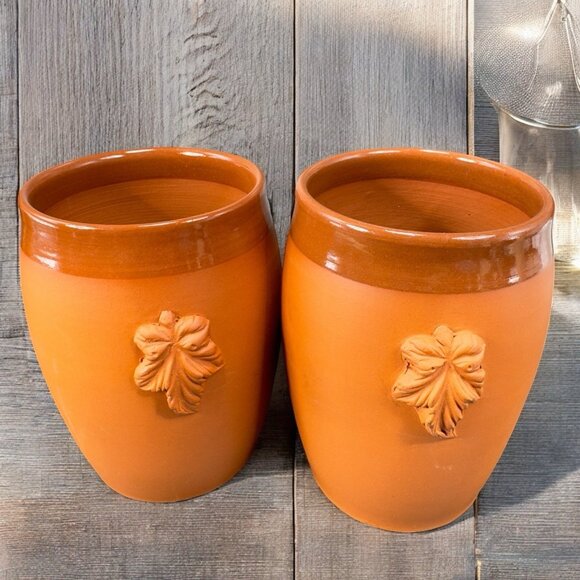 B Taylor Hand Made RedWare Tumbler Glasses Cups Set 2 Signed With Grapes Leafs - Picture 1 of 16